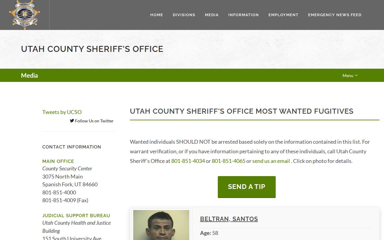 Utah County Most Wanted program page, official safety banner and interface