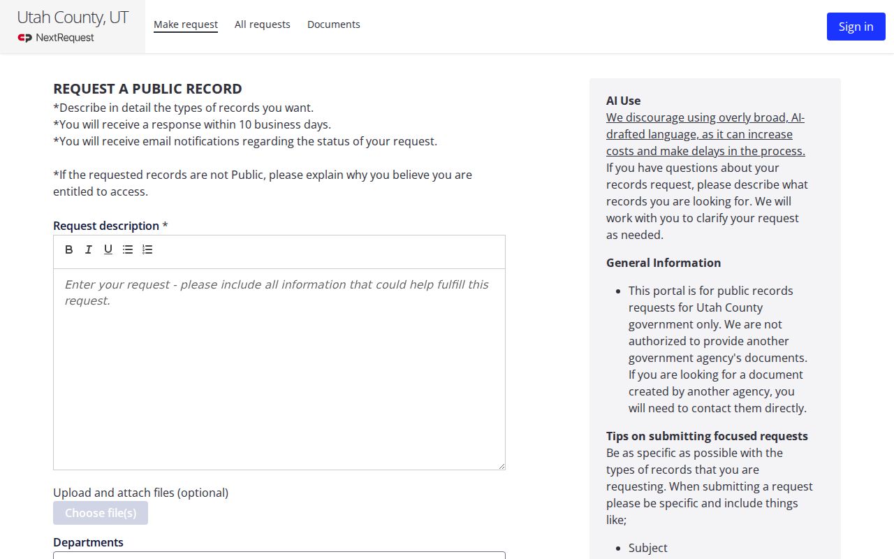 Utah County warrant records, NextRequest public records form