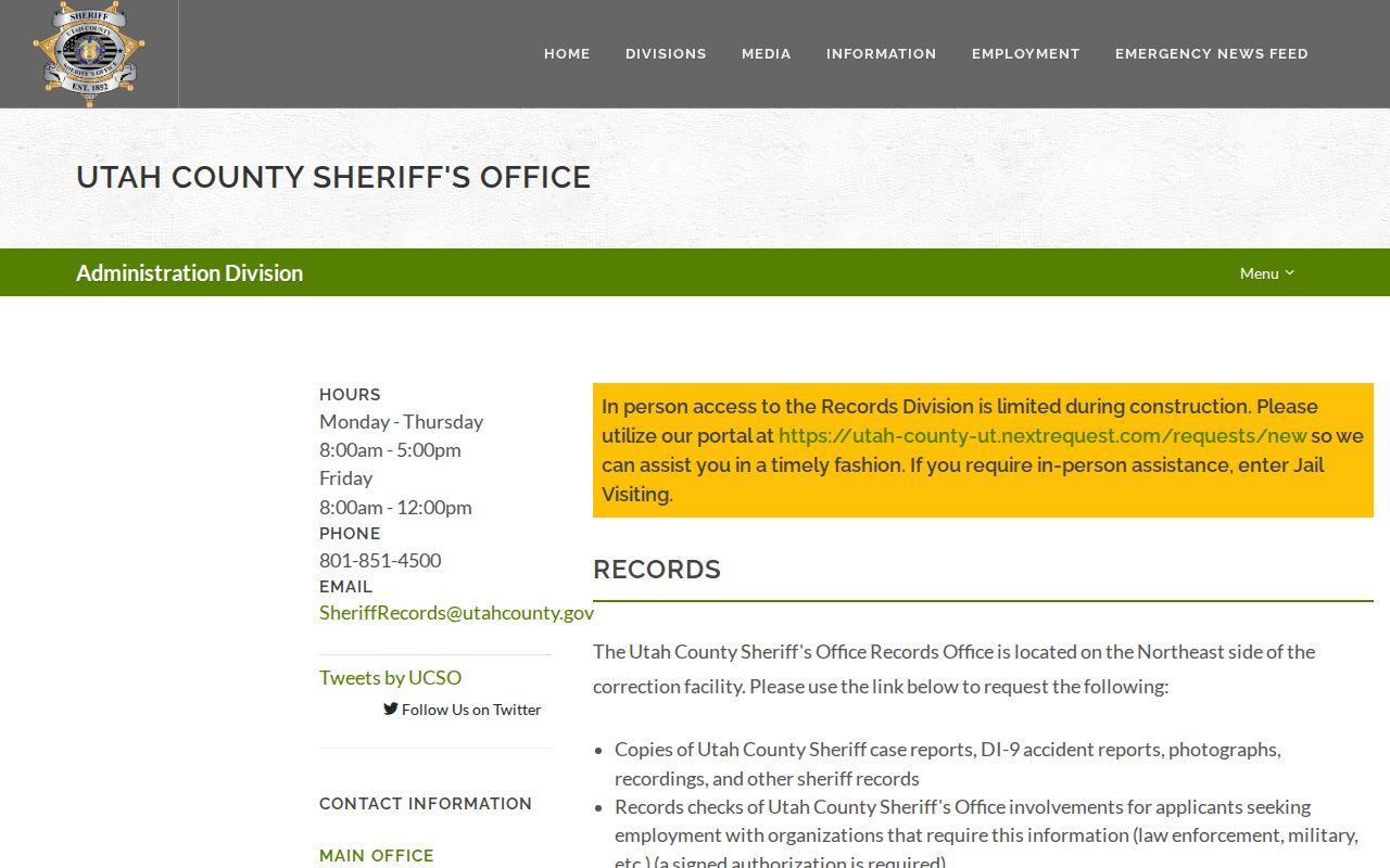 Utah County warrant records, Sheriff's Records Division request page