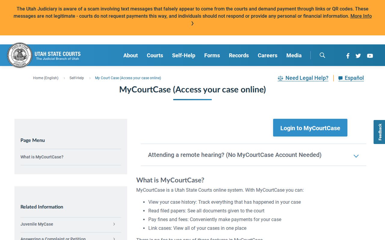 Utah County warrant records, MyCourtCase party registration page