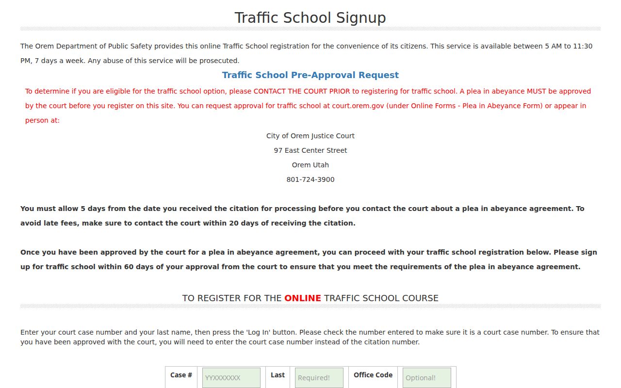 Orem warrant records, traffic-school case number and last name fields