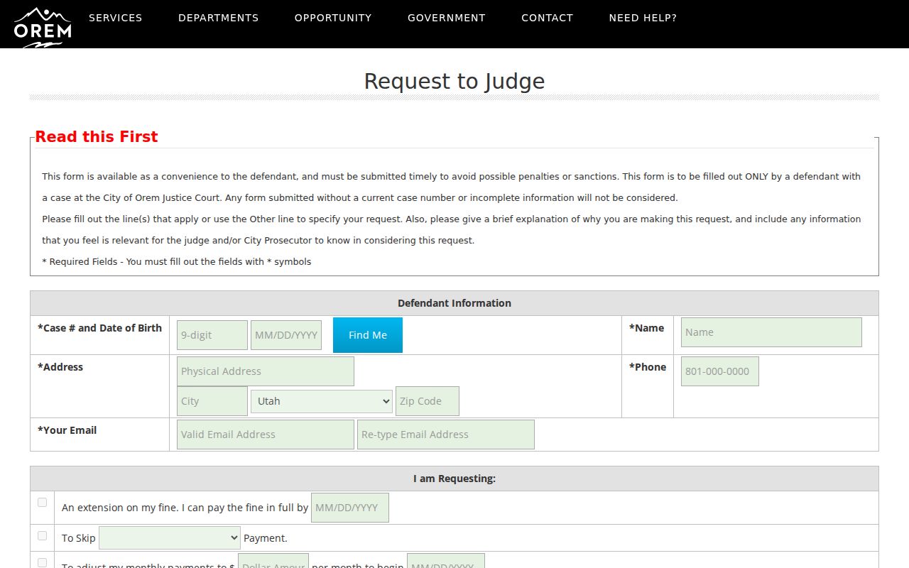 Orem warrant records, defendant-only Request to Judge form fields