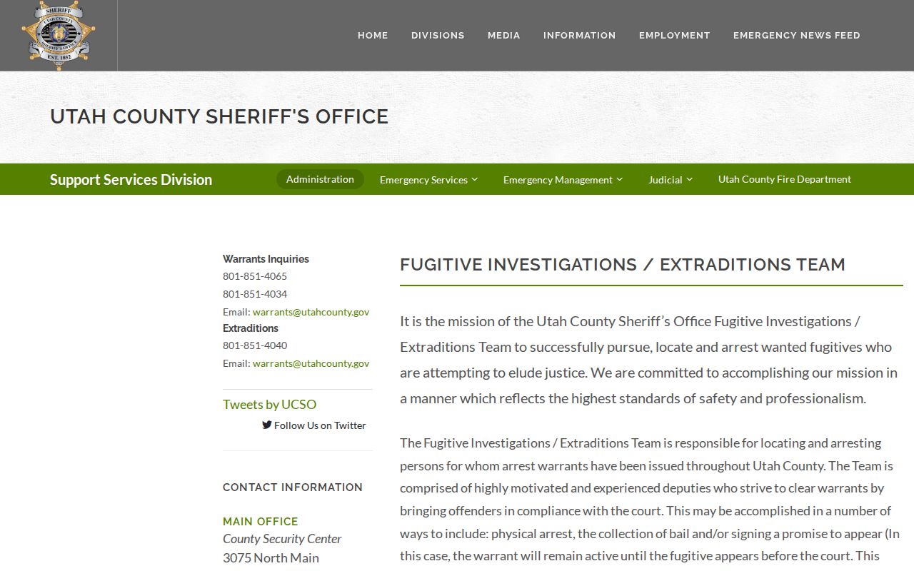 Utah County warrant records, Sheriff's Fugitive Investigations and Extraditions page