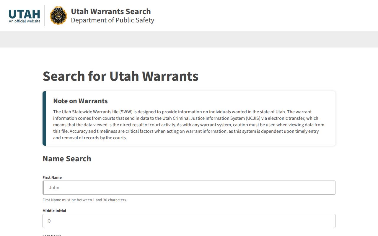 Utah County warrant records, public statewide search interface