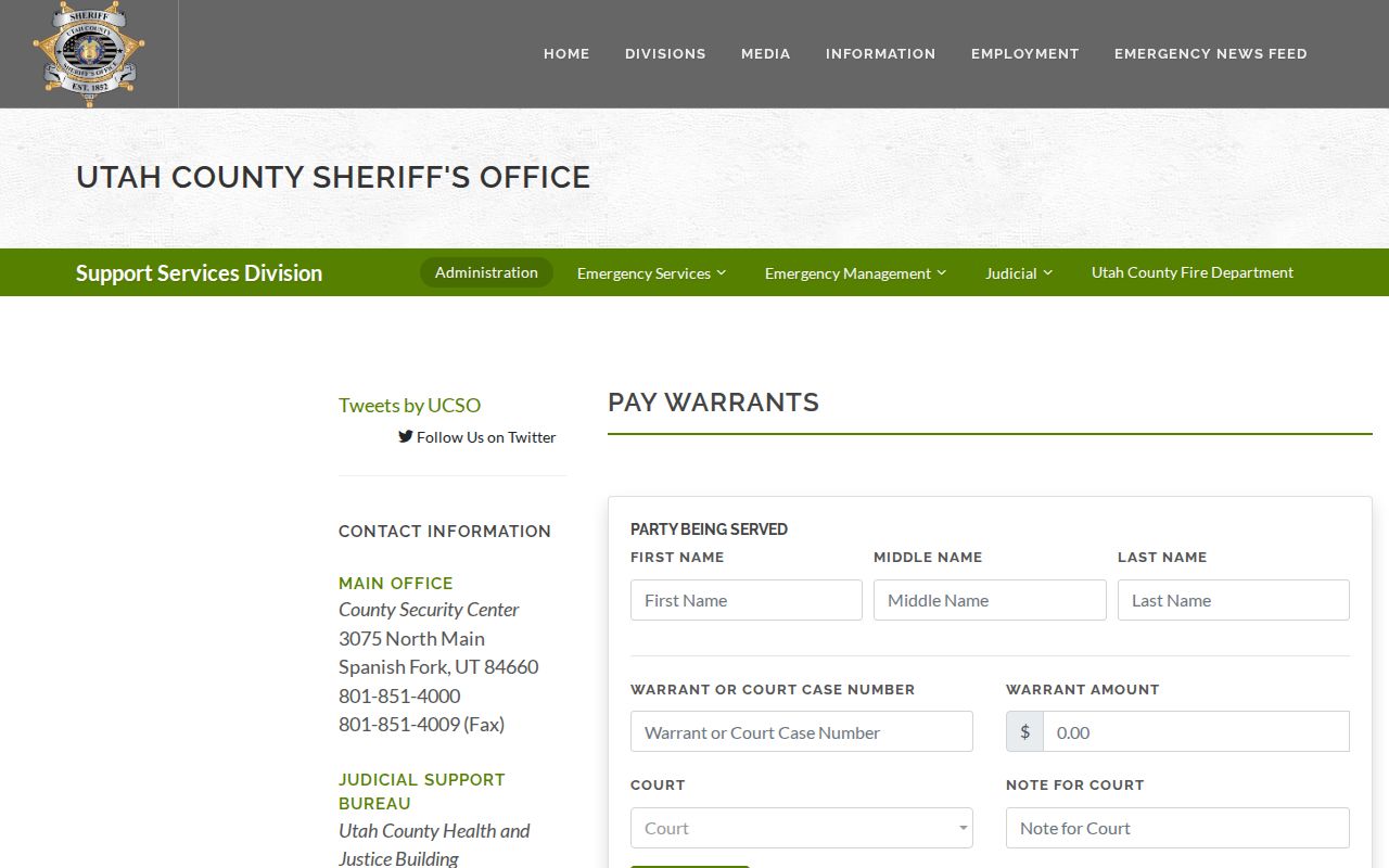 Utah County traffic warrant search, Sheriff's Pay Warrants form