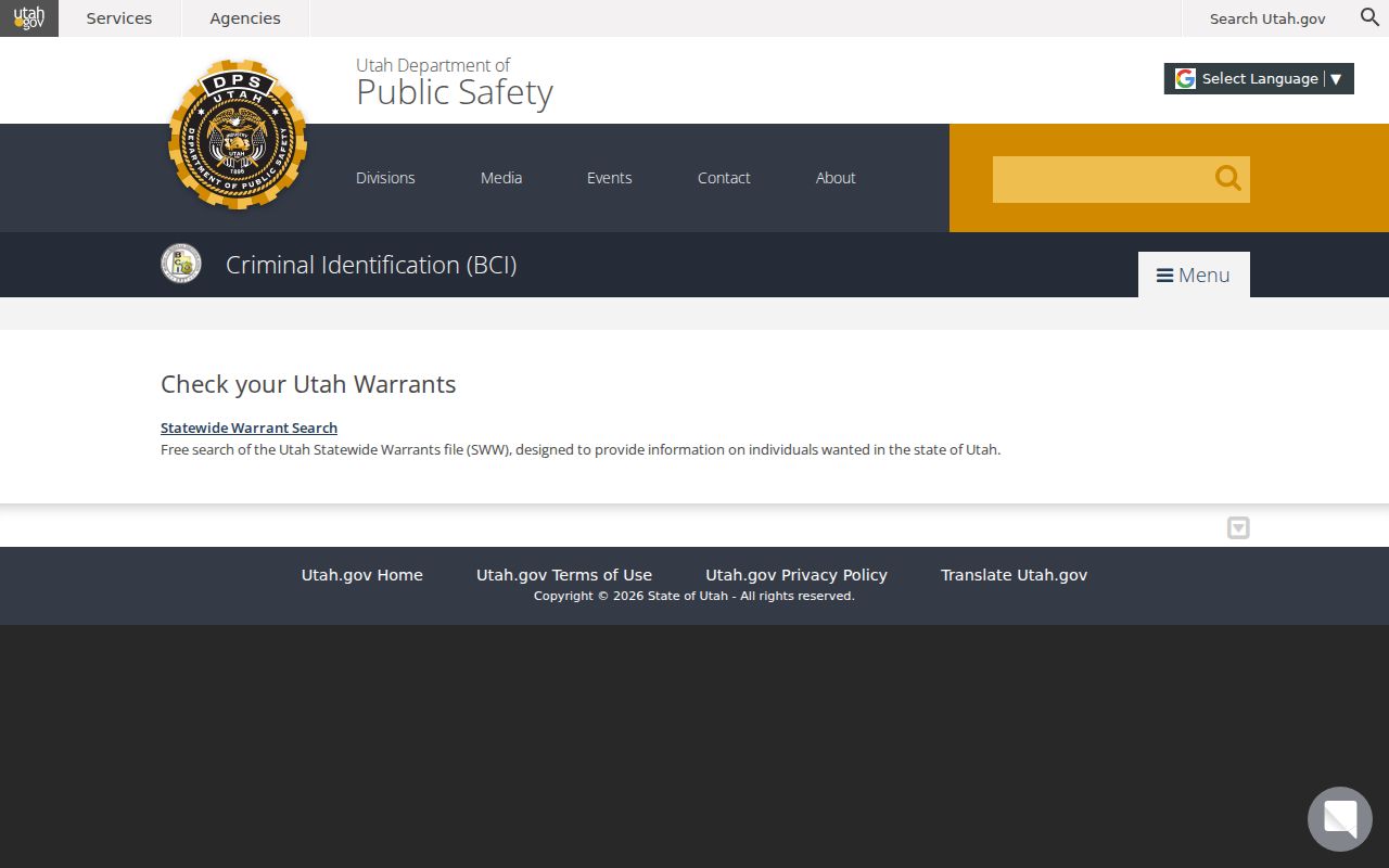 Utah County warrant records, Utah DPS statewide search landing page